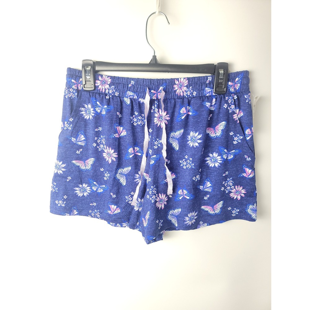 Girls Sleep Shorts Floral Butterfly Print Blue Elastic Waist Drawstring Pockets